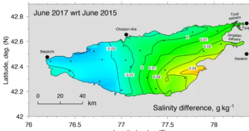Figure 6. Difference of salinities at the surface observed inJune 2017 and June 2015, based on data from hydrographic stationsindicated by bullets.