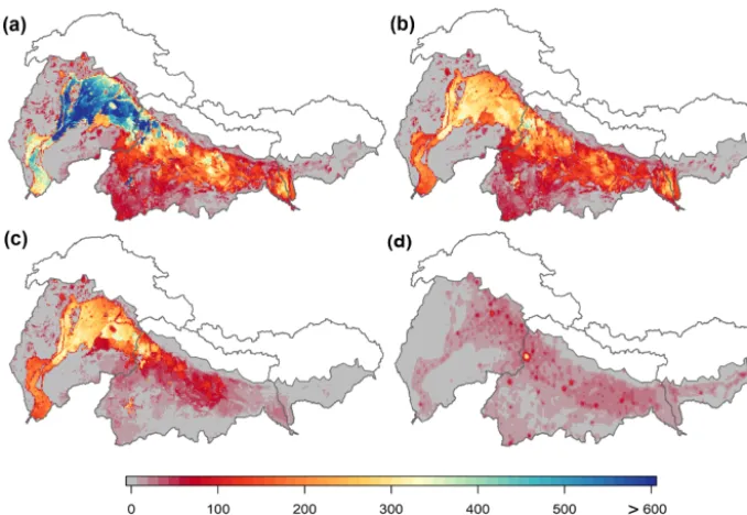 Figure 5. Maps showing the blue water consumption for irrigated croplands (a–c) and other users (i.e