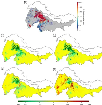 Figure 9. Maps showing the annual groundwater depletion for the reference period (a) and the projected changes in groundwater depletionfor RCP4.5 (b), RCP8.5 (c), RCP4.5-SSP1 (d), and RCP8.5-SSP3 (e)