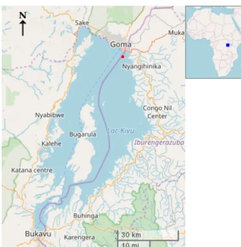Figure 1. Maps of Lake Kivu geography and situation. The lowerleft corner of the large map is at 2.6◦ S, 28.7◦ E, and the upperright corner is at 1.5◦ S, 29.5◦ E