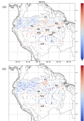 Figure 5. Spearman correlation (ρ) between modelled river channel storage and MODIS (a) and GFDS (b) water extent using the optimalgrid cell selection method (method A) with a search window of 0.55◦ × 0.55◦ (circle: gauging station; circle with label: potential SGR siteswhere gauging data are available).
