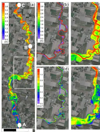 Figure 7. Map of the maximum simulated water depths for the Parma River.the water depths and (a) the upstream (A) and downstream (C) boundary conditionsand the intermediate observation site (B) are indicated