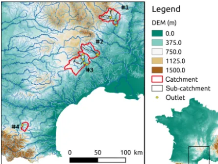Figure 1. Locations of the catchments studied, with a topo-graphic visualisation at a resolution of 25 m (Source – IGN; MNTBDALTI).