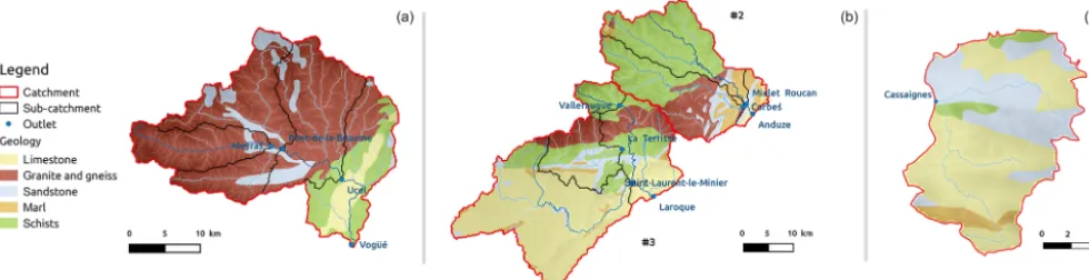 Figure 2. The geology of the Ardèche catchment (a), the Gard and Hérault catchments (b), and the Salz catchment (c) (sources: BD Million-Géol, BRGM).