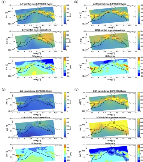 Figure 3. The ﬁgure shows the average DJF (a), MAM (b), JJA (c) and SON (d) rainfall maps over Liguria