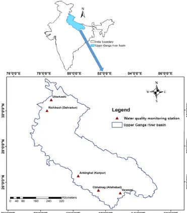 Figure 1. Location map of the study area in northern India and water quality monitoring stations across the Upper Ganga River basin.