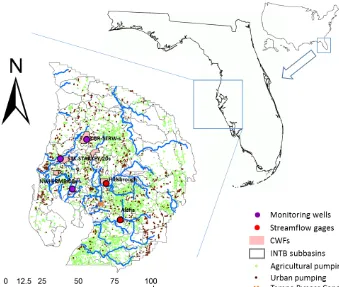 Figure 1. Study region showing the INTB model domain and locations of agricultural, industrial, and public water supply wells, the TampaBay Water Consolidated Wellﬁelds (CWFs), two streamﬂow locations where water is withdrawn for public supply, the Tampa Bay BypassCanal, and three monitoring wells near Tampa Bay Water’s CWFs that are used to evaluate compliance with groundwater level regulations.
