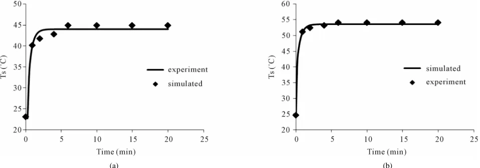 Figure 3. Comparison between experimental and simulated data for solid particle temperature: (a) Test #1; (b) Test #4