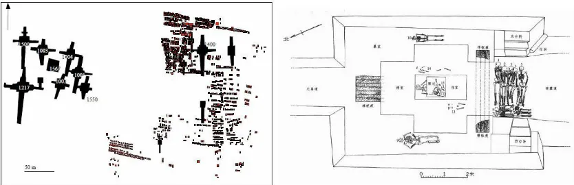 Fig. 5.3 Shang Dynasty (a) Xibeigang Royal Cemetery and Sacrificial Pits, (b) Cheng Zi Kou tomb (from Campbell 2007: 386, 394; after (a) Tang 2004 and (b) Henan 2000)  