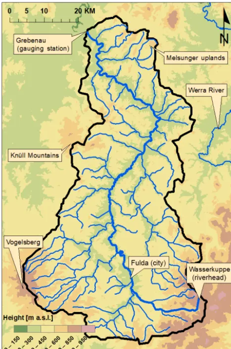 Figure 1. Relief map of the partial catchment of the Fulda River(black border) with side streams, ridges and parts of the WerraRiver.