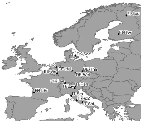 Figure 2. Map of the 15 FLUXNET sites used in this study. Basemap elements from Natural Earth.