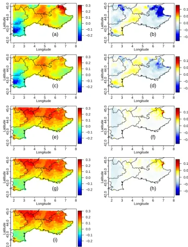 Figure 9. (left column) Inter-variable Pearson correlations between T2 and PR in winter for each grid cell and (right column) changes in inter-variable Pearson correlations from the historical period to the 2071-2100 period; (a–b) for the WRF RCM; (c–d) fo