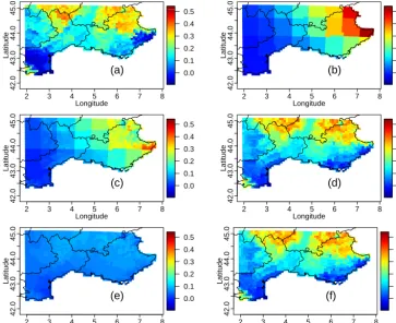 Figure 1. Inter-variable Spearman correlation maps in winter over the evaluation period from:(CDF-t); (a) SAFRAN; (b) ERA-I; (c) 1d-BC (d) 2d-R2D2; (e) 1506d-R2D2 on temperature and 1506d-R2D2 on precipitation; (f) 3012d-R2D2.