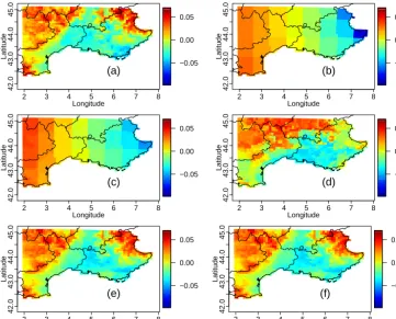 Figure 2. Maps of ﬁrst temperature predominant empirical orthogonal functions (EOFs) in winter over the evaluation periodfor (a) SAFRAN; (b) ERA-I; (c) 1d-BC (CDF-t); (d) 2d-R2D2 (with PR as reference dimension); (e) 1506d-R2D2 (on T2 only); (f) 3012d-R2D2.
