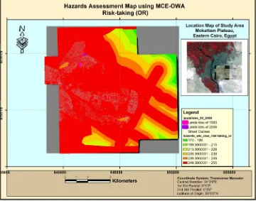 Figure 5. Outcomes of scenario 1—hazards assessment decision map using AHP-OWA Risk- averse (AND) model