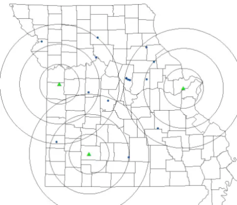 Figure 1. Study location (Missouri) with St. Louis (KLSX), KansasCity (KEAX), and Springﬁeld (KSGF), MO, radars (triangles)overlaid with 50, 100, and 150 km range rings in addition to the15 terrestrial-based precipitation gauges utilized as ground-trutheddata.