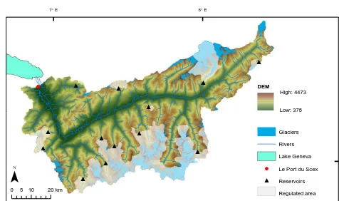 Figure 1. Map of the upper Rhône Basin with topography, glacier-ized areas, and river network