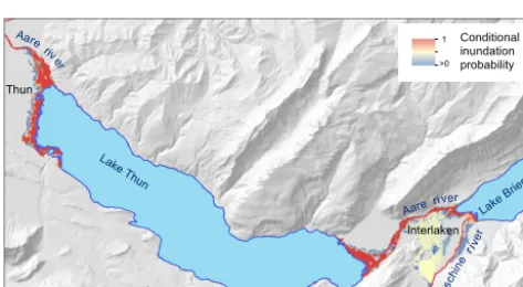 Figure 3. (a) Hydrographs at the outlet of the Aare River basin in Bern resulting from the coupled hydrologic-hydrodynamic modelling ofthe 150 PMP scenarios