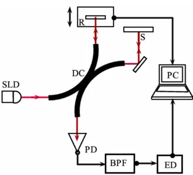Figure 1. Schematic of the optical coherence tomography setup. SLD—Superluminescent diode; DC—3 dB bi-directional 