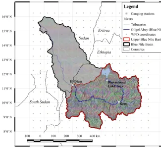 Figure 1. Map of the Blue Nile River basin. The Upper Blue Nile (UBN) catchment (172 000 km2) is enclosed by the red line