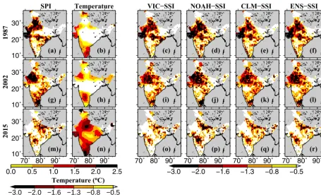 Figure 4. Reconstruction of monsoon season drought events of4-month SPI at the end of the monsoon season,simulated using the VIC, Noah, and CLM.(d, j, p) (a–f) 1987, (g–l) 2002, and (m–r) 2015, estimated based on (a, g, k) the (c, i, o) the 4-month SSI at 