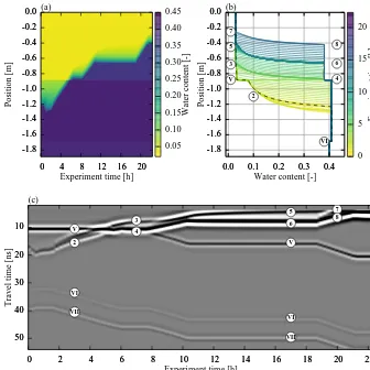 Figure 9. The true synthetic data are simulated with hydraulic parameters that represent coarse-textured sandy soils (Table 2).show different representations of the simulated water content