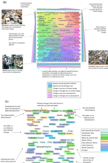Figure 3. SOM3 – temporal patterns – cities are clustered close together that share similar baseline (2010) ﬂood vulnerabilities as well asare coloured by region, and characteristic patterns of general areas of the map are annotated