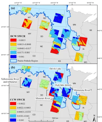 Figure 6. The spatial distribution of the Surface Water Climate Response (SWCR) values from the statistical relationships between avail-able water, deﬁned as precipitation minus potential evapotranspiration accumulated over the previous nine months, and su