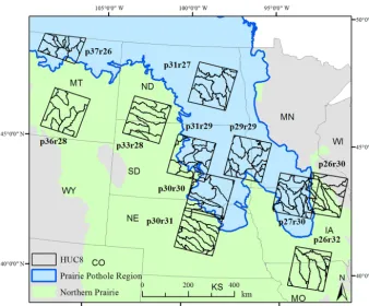 Figure 1. Distribution of Landsat path/rows used to map surface water extent and corresponding eight-digit Hydrological Units (HUC8s)used for further analysis in relation to the boundary of the Prairie Pothole Region (PPR)