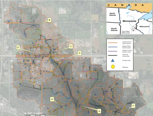 Figure 1. Location of the model and the sub-watersheds along with the reference points used in the discussion below