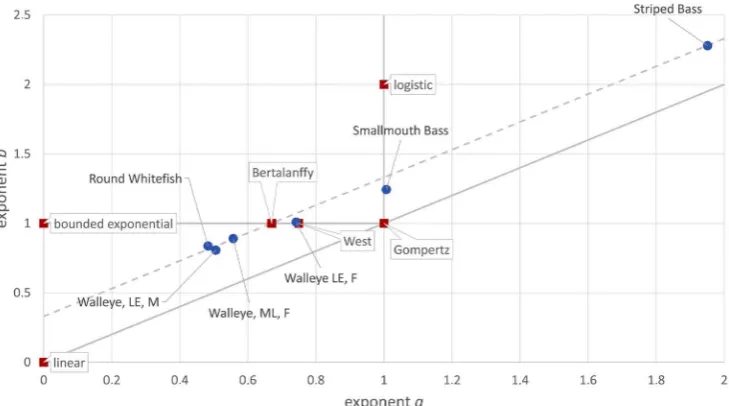 Figure 1. Exponent-pairs of named models and optimal fits. Red squares indicate named models, grey lines indicate more general model classes, and blue dots indicate best fitting models to the in-dicated data