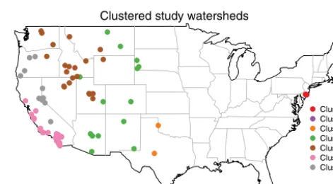 Figure 4. CONUS-scale map of the results of k-means clustering ofthe GAGES-II watershed set by climate variables.