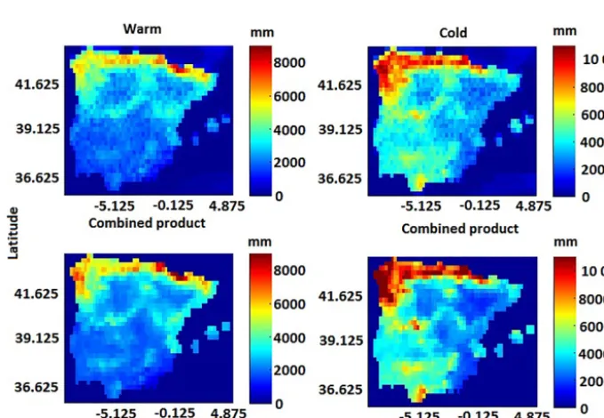 Figure 4. Time series of cumulative rainfall of CMORPH, PERSIANN, 3B42 (V7), reanalysis rainfall, and QRF ensemble (blue envelope)for warm and cold seasons.
