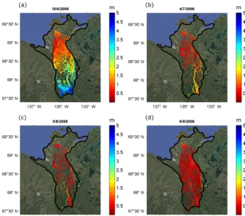Figure 9. Water level maps in the Mackenzie Delta in 2006 (historic ﬂood) obtained by combining inundated surfaces determined usingMODIS images with altimetry-derived water levels (a) in June, (b) in July, (c) in August and (d) in September.