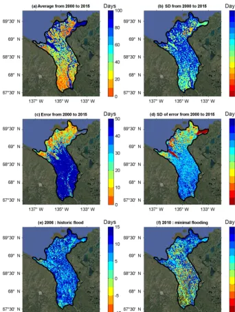 Figure 3. Maps of surface water extent duration forduration from 2000 to 2015 and water surface area duration during2015, (a) annual average from 2000 to 2015, (b) annual standard deviation from 2000 to (c) error average from 2000 to 2015, (d) standard deviation from 2000 to 2015, difference between annual average water surface area (e) 2006, the period associated with the highest ﬂood event, and (f) 2010,the period associated with the lowest ﬂood event recorded over the period.