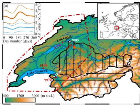 Figure 2. Study area and predicted regional air temperature in-creases. Elevation above sea level (green to white color ramp), lo-cations and number of river stations (white diamonds) and atmo-spheric monitoring stations (red triangles), drainage area (Aar