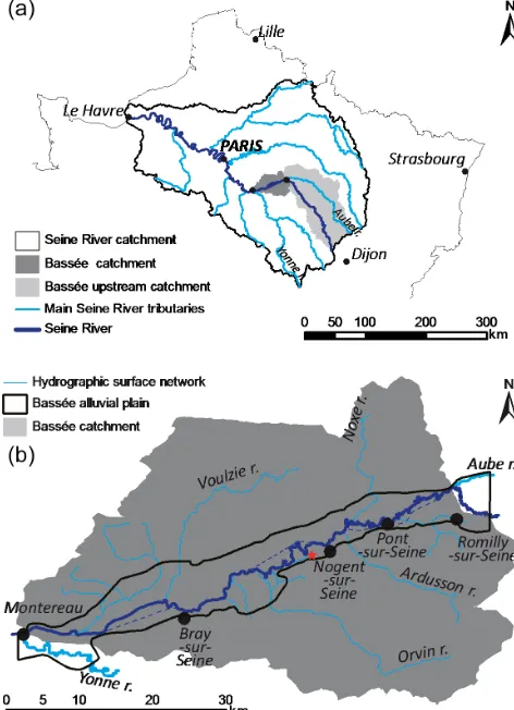 Figure 1. Maps of the Seine catchmentplain (a) and the Bassée alluvial (b).