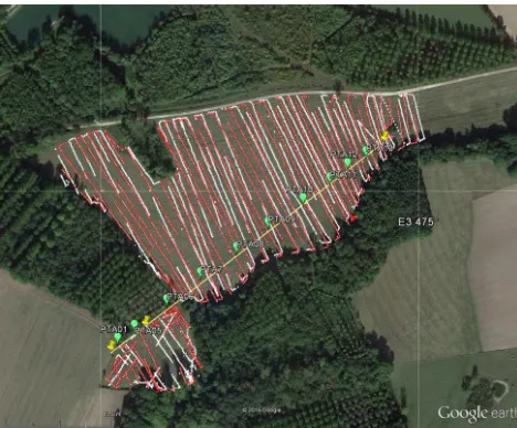 Figure 3. Map of the surveyed area, showing the locations of theVCP (red) and HCP (white) measurements (GPS issues explain theholes within the lines)