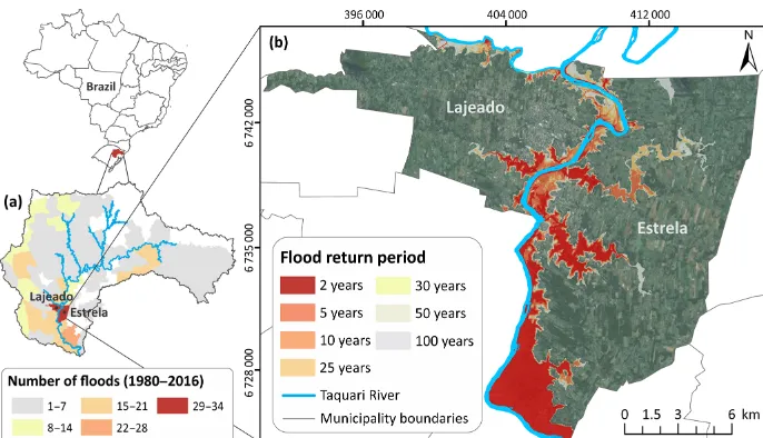 Figure 1. Location of the study area, southern Brazil: (a) number of ﬂoods between 1980 and 2016 in the Taquari-Antas River Basin(elaborated based on Bombassaro and Robaina, 2010; MI, 2017); (b) extent of ﬂoods with different return periods in the municipalities ofLajeado and Estrela (Fadel, 2015).