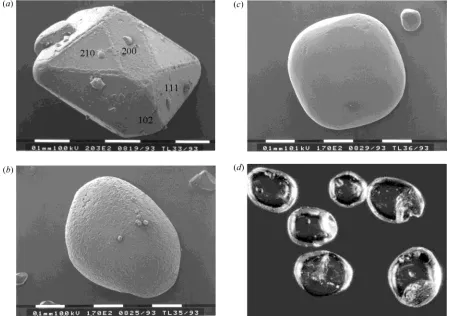 Figure 6. SEM pictures of (a) as-received RDX particle showing a faceted crystal (similar findings have been reported byArmstrong24), (b) spheroidized, and (c) spheroidized + surface-smoothed RDX particle