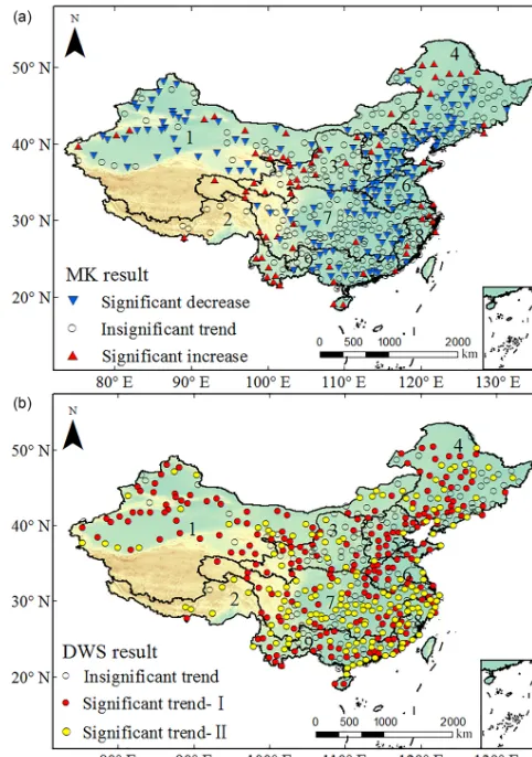 Figure 6. Spatial distribution of the signiﬁcance of trends in the an-nual potential evaporation data during 1961–2013 and measured at520 weather stations over China