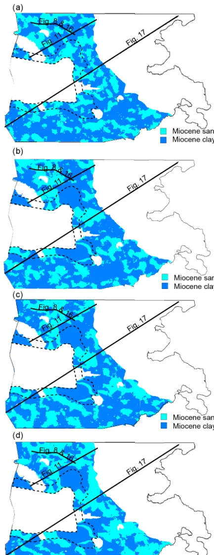 Figure 15. Horizontal slice at elevation11, 16, and 17 are shown. The dashed region encapsulates the bufferaround the Tønder model, which has been used as hard conditioninginformation in −188 m through the real-izations generated by using different conditi