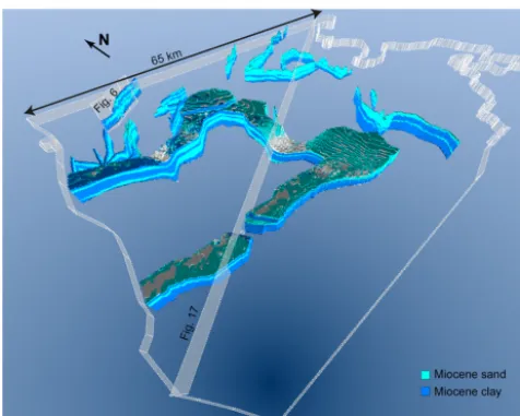 Figure 7. Three-dimensional view of the hard conditioning data(the buffer zone around the Tønder model and the seismic lines),seen from south-west