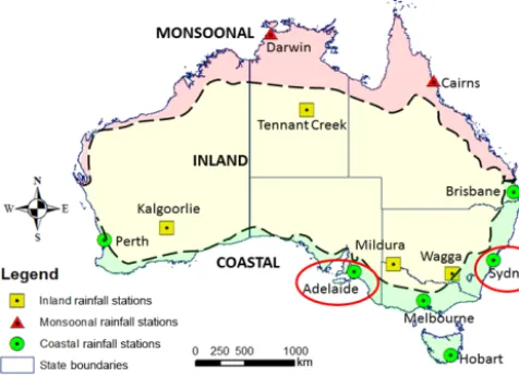 Figure 1. Location map of 12 rain gauge stations around Australia.This study has presented the assessment results of the developedmodels for Sydney and Adelaide stations (red circled) only