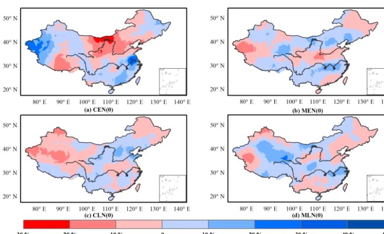 Figure 3. Spatial pattern of precipitation anomalies during rainy season (PARS) during developing (0) conventional ENSO and ENSOModoki events.