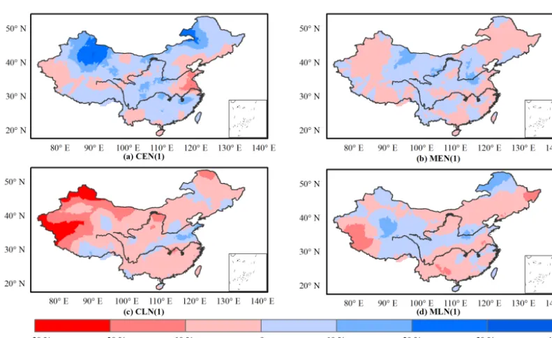 Figure 4. Spatial pattern of precipitation anomalies during rainy season (PARS) for decaying (1) conventional ENSO and ENSO Modokievents.