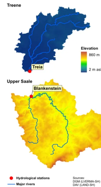 Figure 1. Two study catchments (Treene and Saale) and their catch-ment elevation. The same elevation legend is used for both catch-ments.