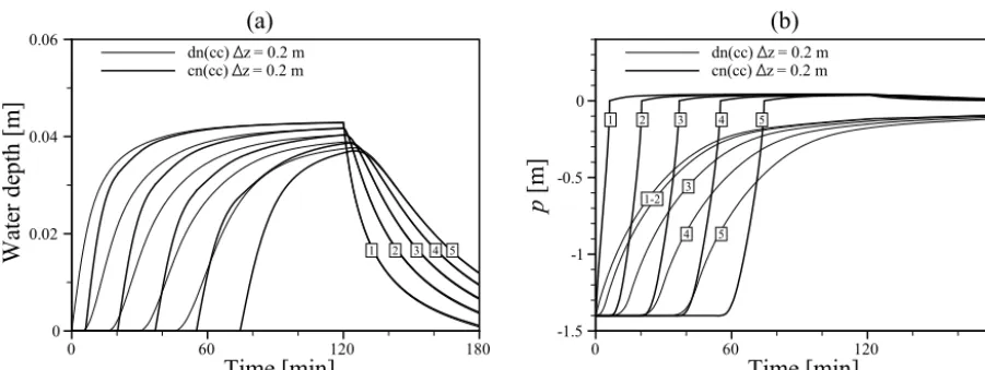 Figure 13. Simulated values for excess inﬁltration (third scenario) on a hillslope with a cell-centered scheme anddepths at the surface nodes
