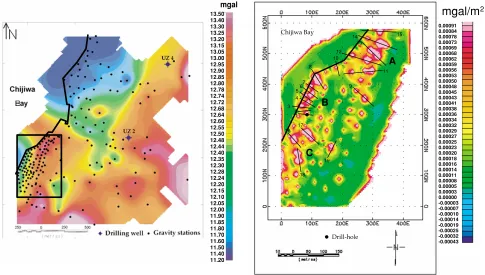 Fig. 3. Bouguer anomaly map of the Obama ﬁeld, ρ = 2.3 g/cm3. Theblack rectangle indicates the southern part of the study area