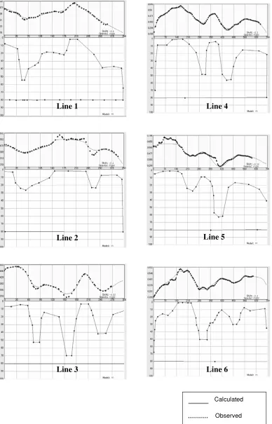 Fig. 10. 2-D conceptual structural model (line 1–line 6) based on forward modeling of the gravity data.